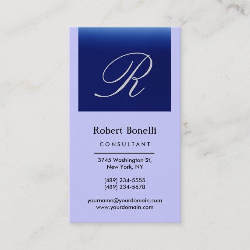 Vertical Blue Monogram Consultant Business Card