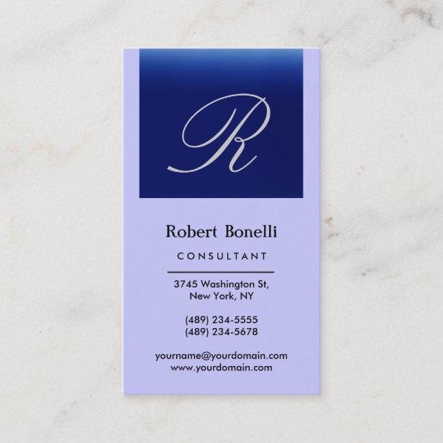 Vertical Blue Monogram Consultant Business Card (Front)