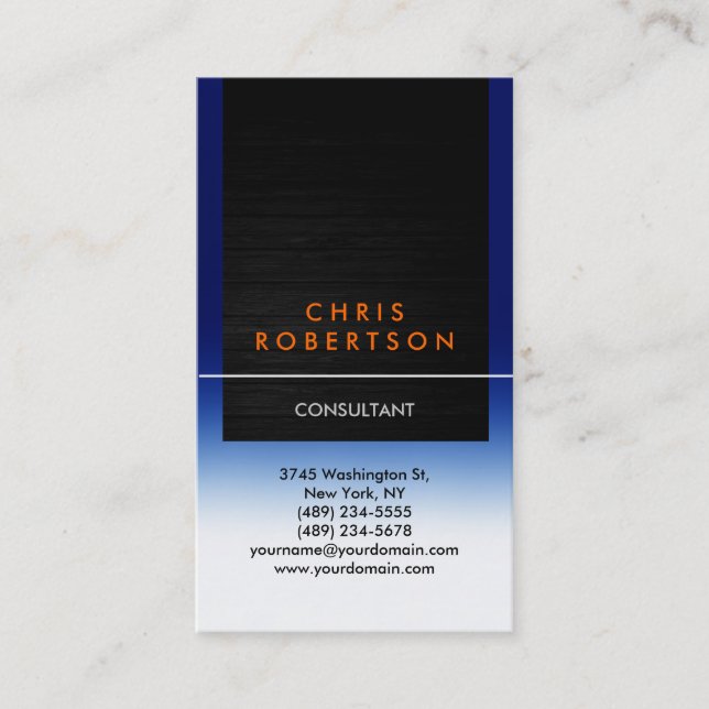 Vertical Blue Orange Wood Pattern Business Card (Front)