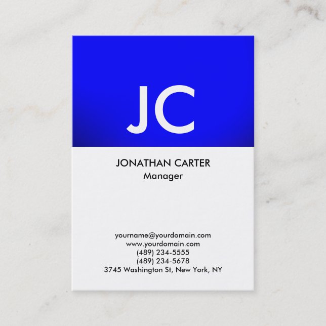 Vertical blue white monogram professional plain business card (Front)