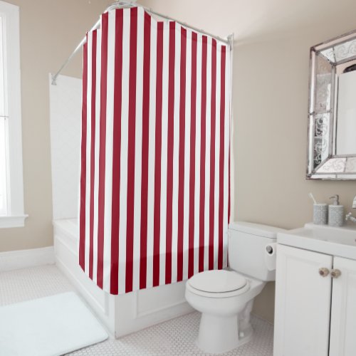 Vertical Burgundy and White Stripes Shower Curtain
