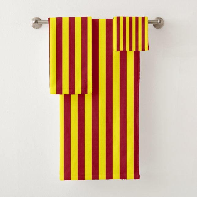 Vertical Burgundy and Yellow Stripes Bath Towel Set (Insitu)