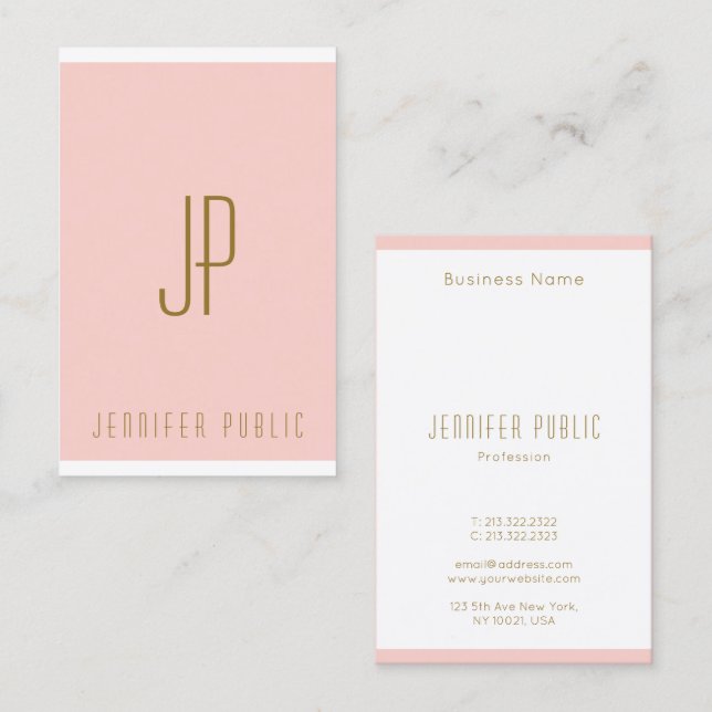 Vertical Business Cards Blush Pink Gold Monogram (Front/Back)