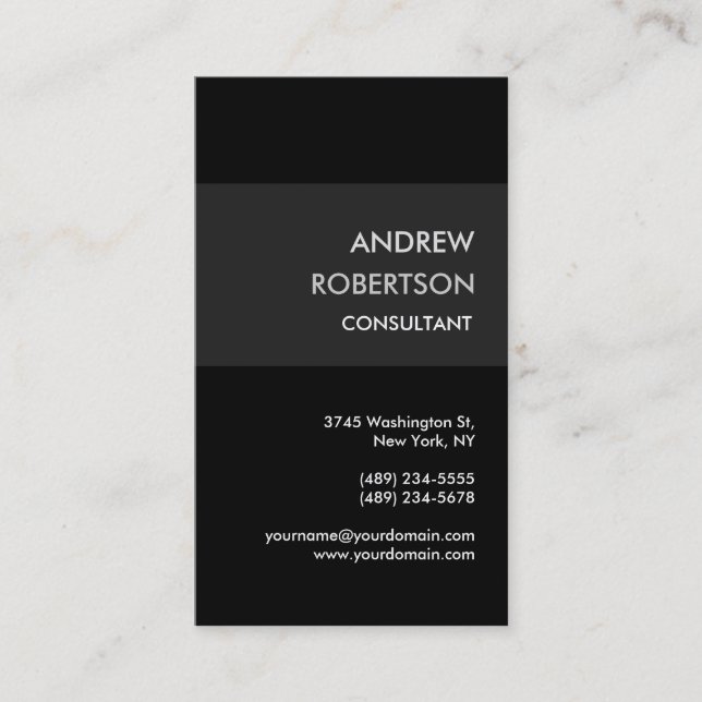 Vertical Chic Black Grey Manager Business Card (Front)
