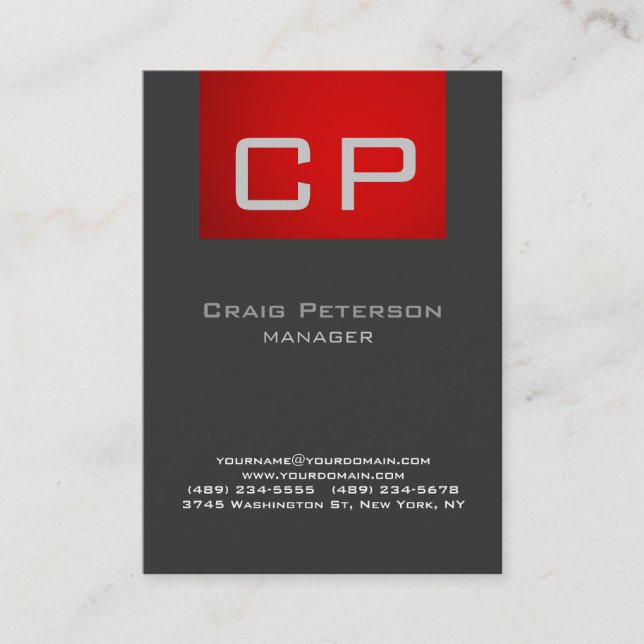 Vertical Creative Gray Red Monogram Business Card (Front)