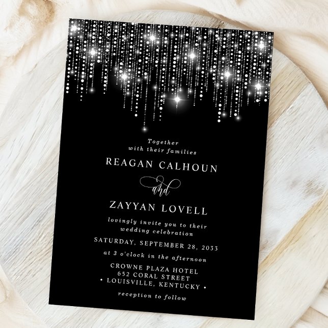 Vertical Curtain String Lights Elegant Black Invitation (Creator Uploaded)