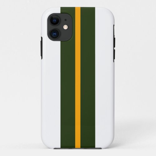 Vertical Dark Green Yellow Racing Stripes On White iPhone 11 Case