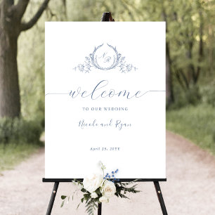 Vertical Dusty Blue Monogram Wedding Welcome Sign