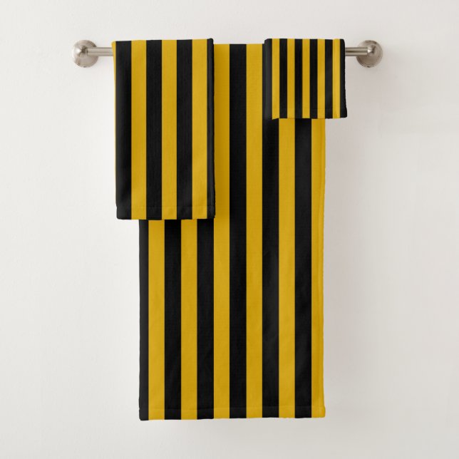 Vertical Gold and Black Stripes Bath Towel Set (Insitu)