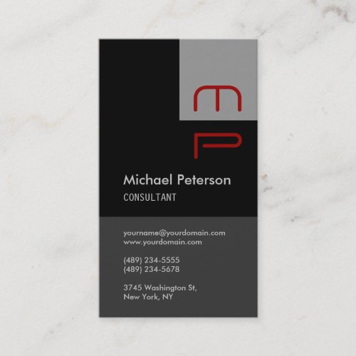 Vertical Gray Black Red Monogram Business Card