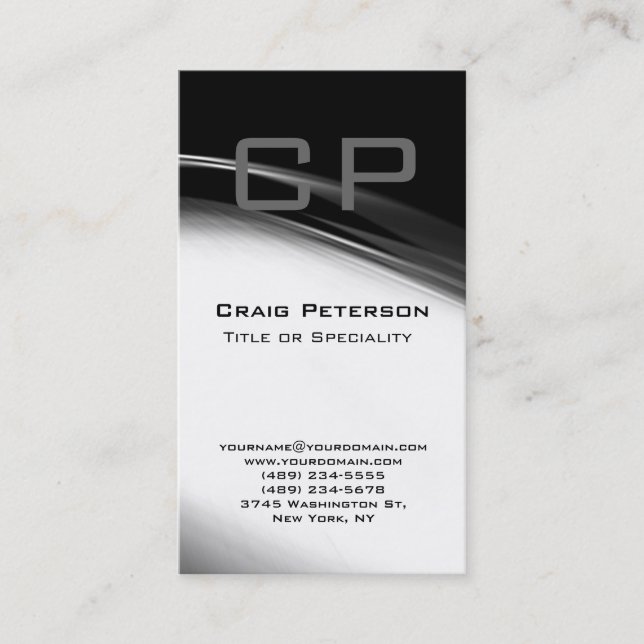 Vertical Gray Black White Monogram Business Card (Front)