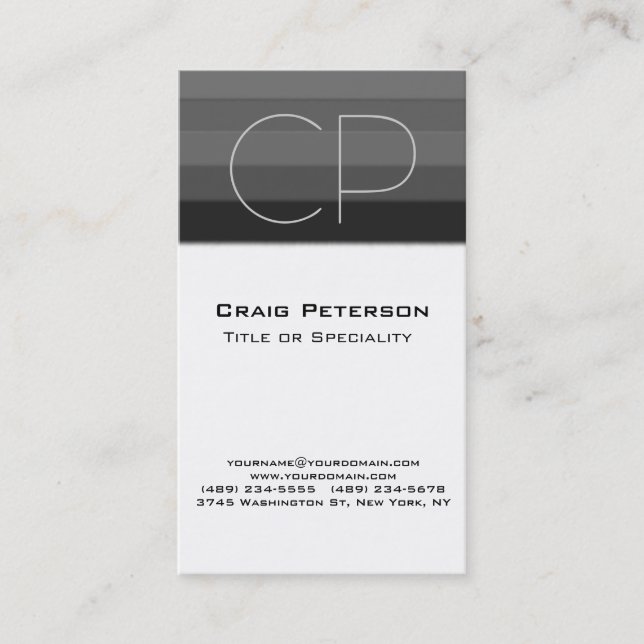Vertical Gray Black White Monogram Business Card (Front)