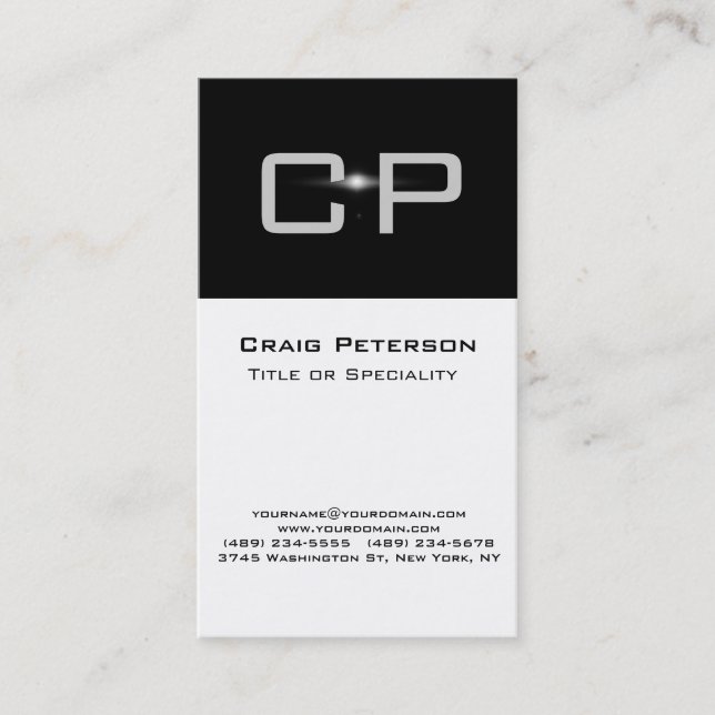 Vertical Gray Black White Monogram Business Card (Front)