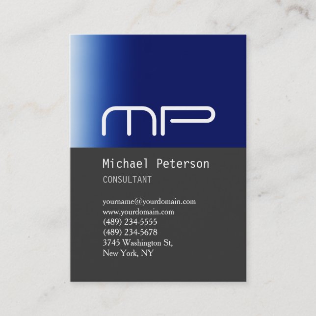 Vertical Gray Blue Stripe Monogram Business Card (Front)