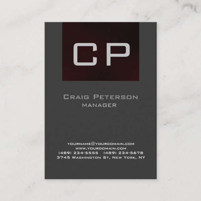 Vertical Gray Browny Red Monogram Business Card (Front)