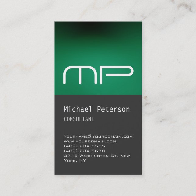 Vertical Gray Green Stripe Monogram Business Card (Front)
