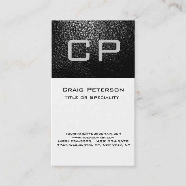 Vertical Gray Leather White Monogram Business Card (Front)