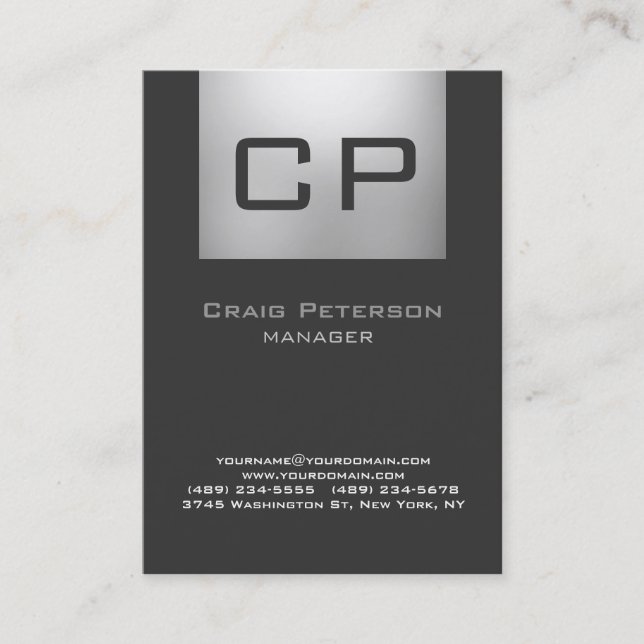 Vertical Gray Monogram Business Card (Front)