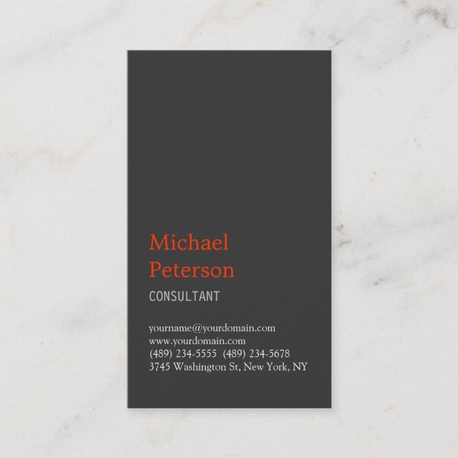 Vertical Gray Orange Consultant Business Card (Front)
