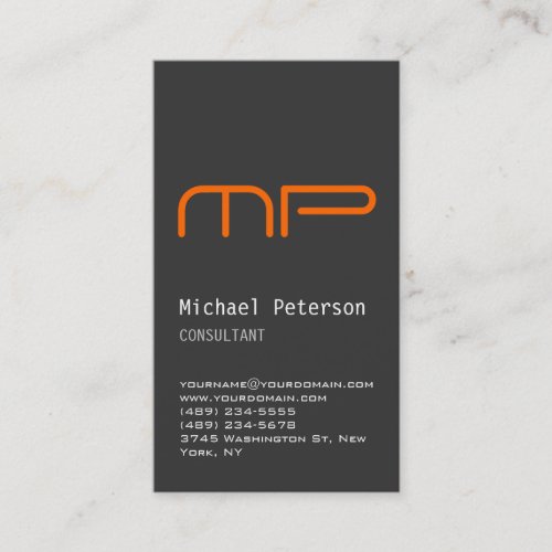 Vertical Gray Orange Monogram Business Card