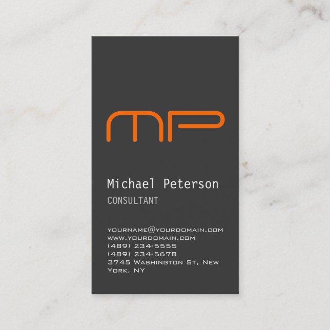 Vertical Gray Orange Monogram Business Card (Front)
