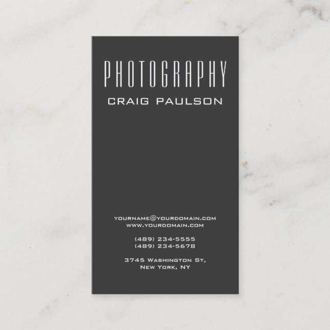 Vertical Gray Photography Artist Business Card (Front)