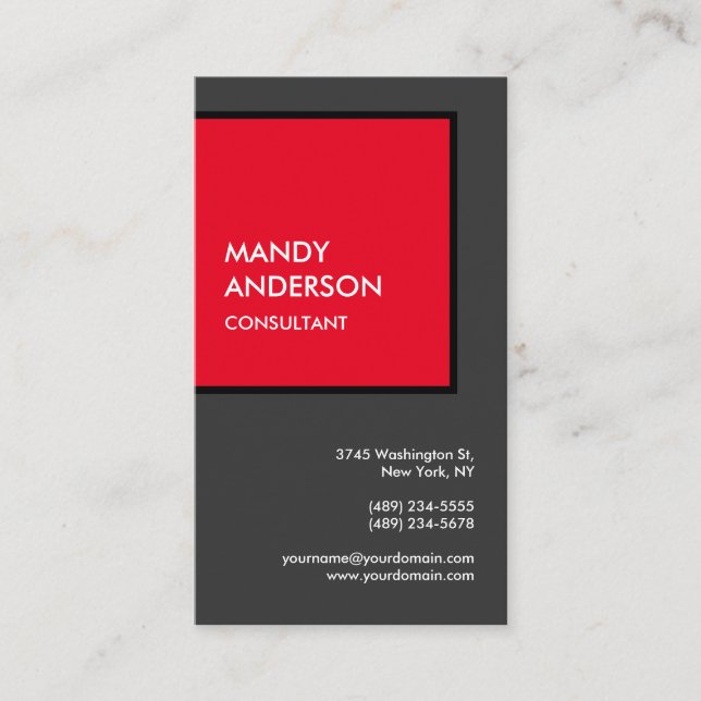 Vertical Gray Red Attractive Minimalist Modern Business Card (Front)