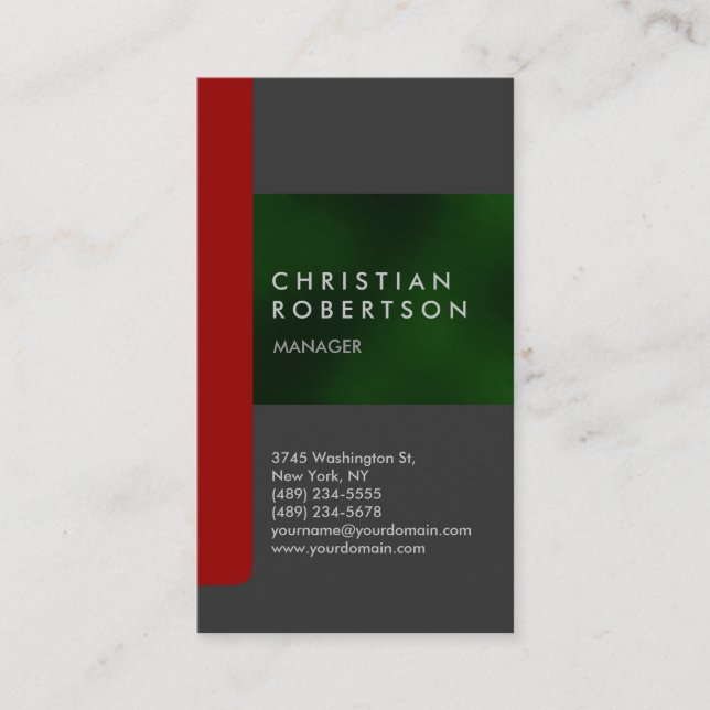 Vertical gray red green trendy business card (Front)