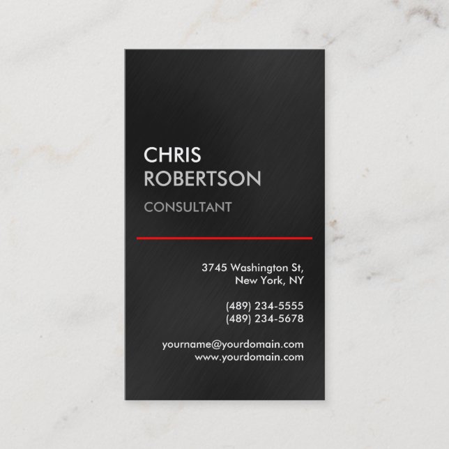 Vertical Gray Red Line Attractive Business Card (Front)