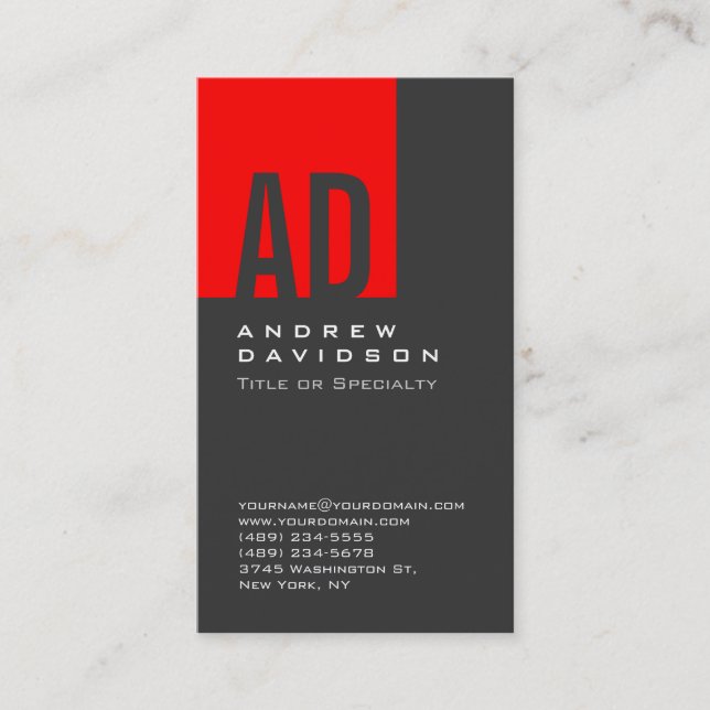 Vertical Gray Red Monogram Stripe Business Card (Front)