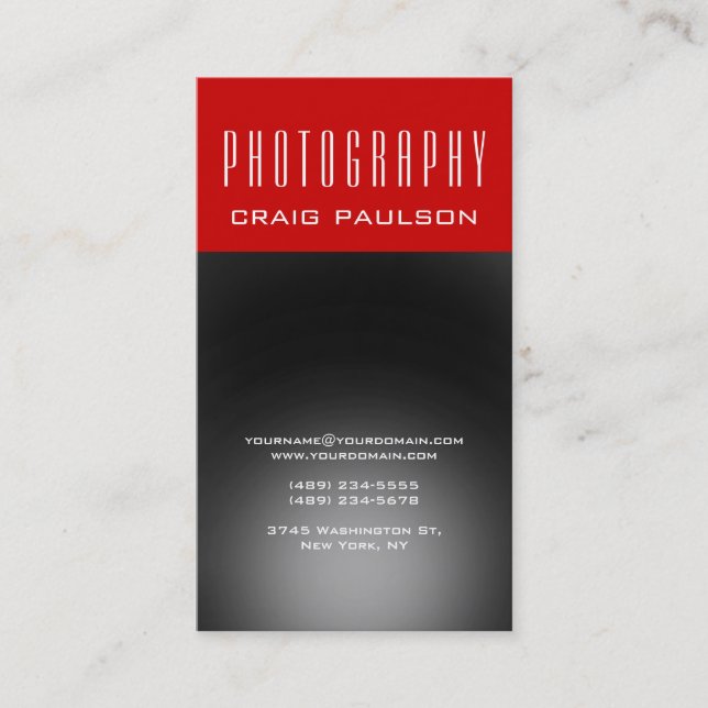 Vertical Gray Red Photography Artist Business Card (Front)