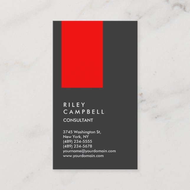 Vertical Gray Red Trendy Consultant Business Card (Front)