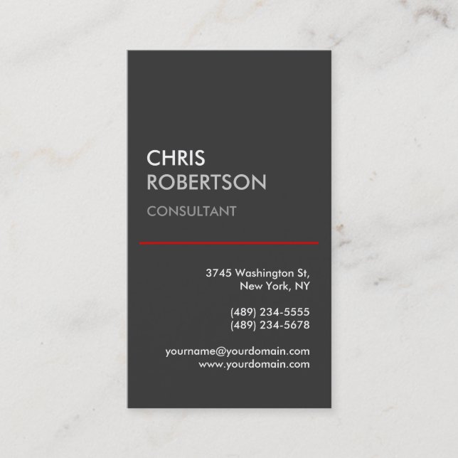 Vertical Gray Red Trendy Modern Business Card (Front)