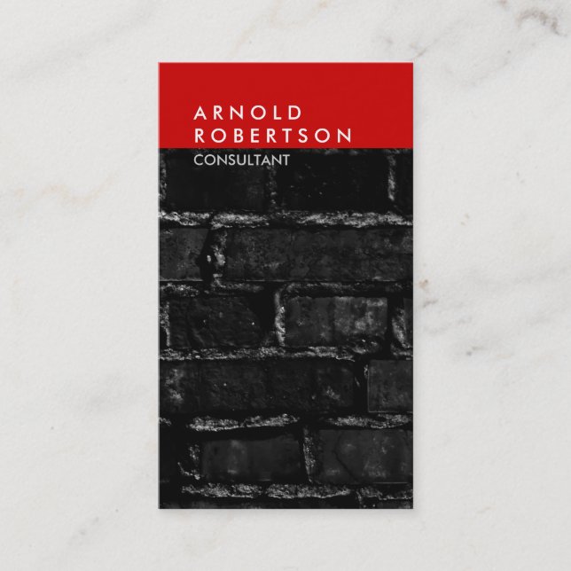 Vertical Gray Red Wall Brick Trendy Business Card (Front)