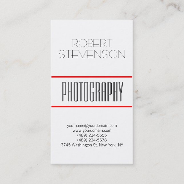 Vertical Gray Red White Photo Artist Business Card (Front)