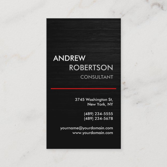 Vertical Gray Red Wood Effect Business Card (Front)