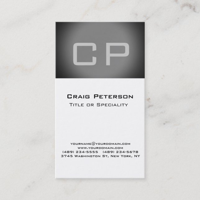 Vertical Gray Stripe White Monogram Business Card (Front)