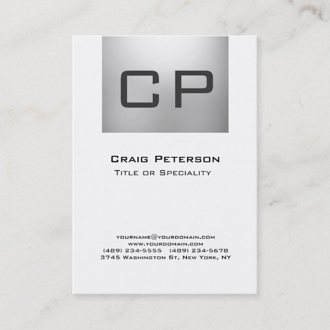 Vertical Gray White Monogram Business Card (Front)