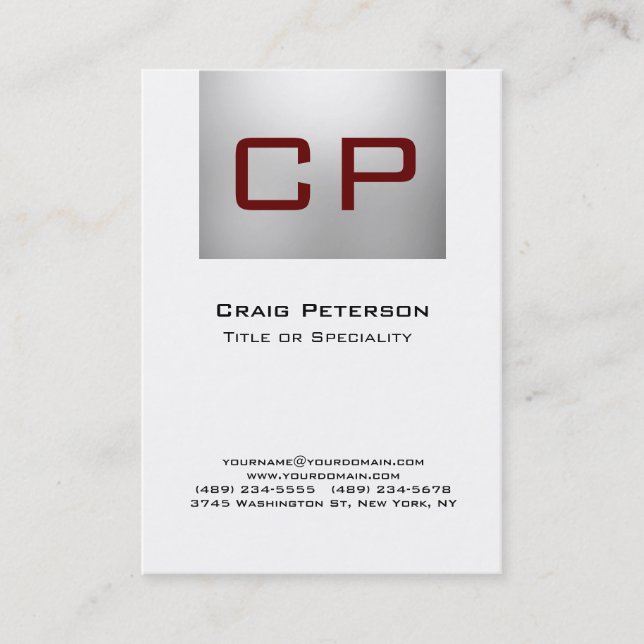 Vertical Gray White Red Monogram Business Card (Front)