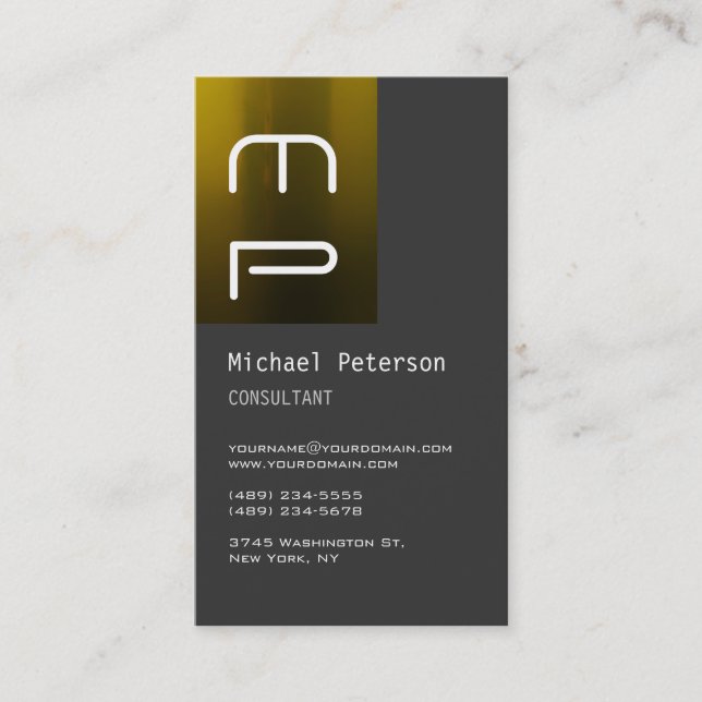 Vertical Gray Yellow Monogram Business Card (Front)
