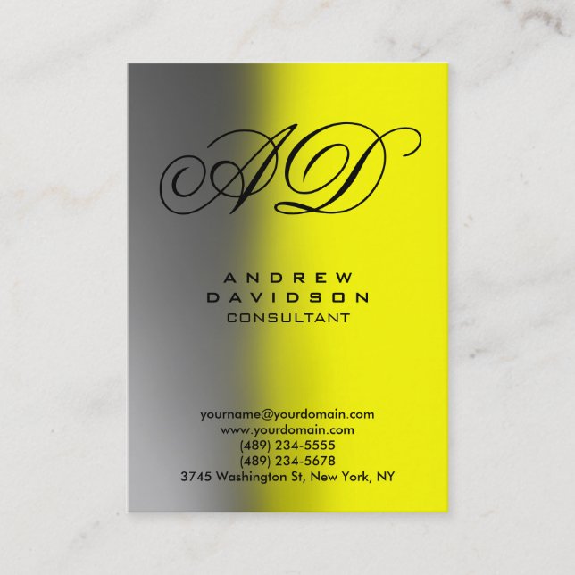Vertical Gray Yellow Monogram Business Card (Front)