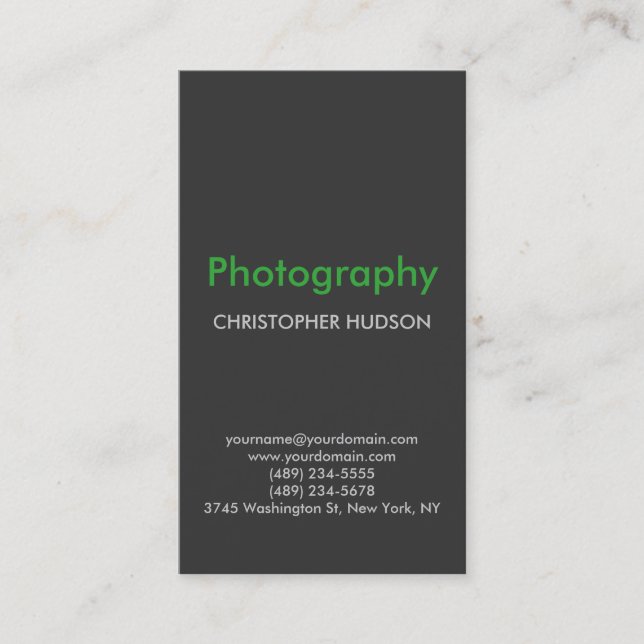 Vertical Green Gray Photography Business Card (Front)