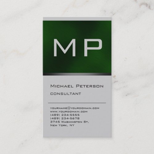 Vertical Green Grey Style Monogram Business Card