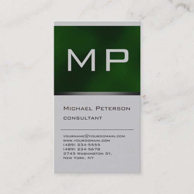 Vertical Green Grey Style Monogram Business Card (Front)