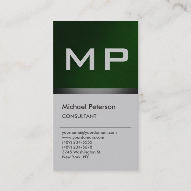 Vertical Green Grey Stylish Monogram Business Card (Front)