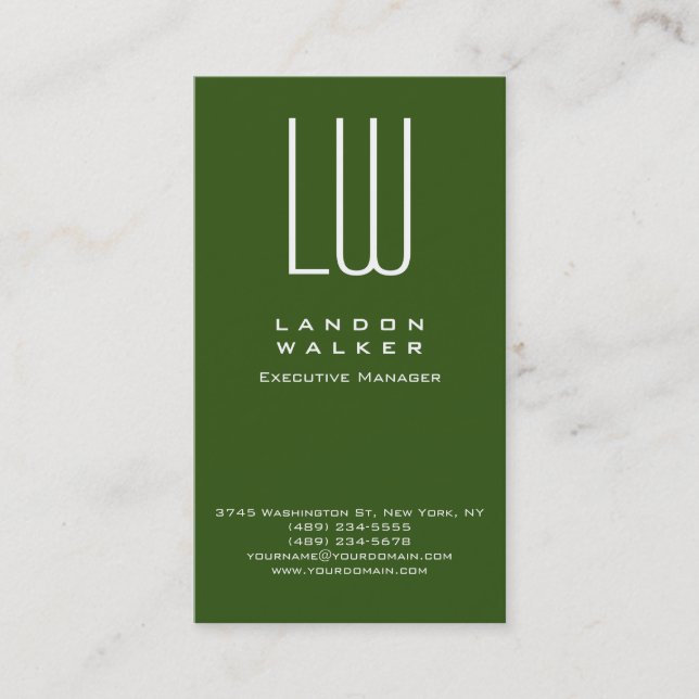 Vertical green professional simple modern monogram business card (Front)