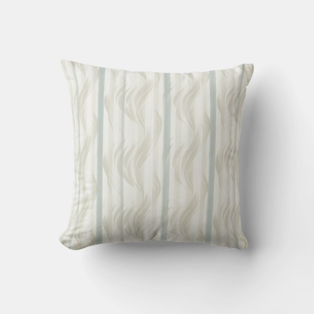 Vertical Green Stripes & Beige Leafy Wave Pattern Throw Pillow (Front)