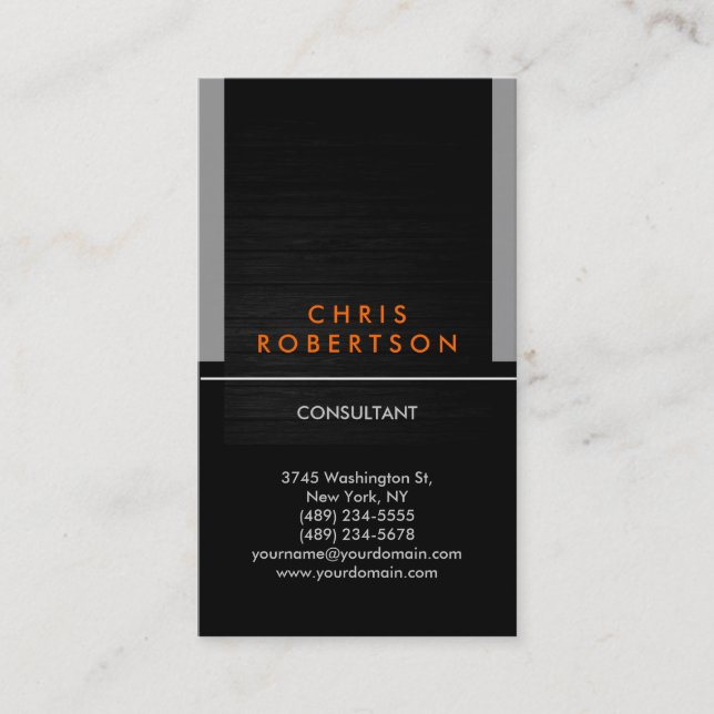 Vertical Grey Black Stripe Orange Business Card (Front)