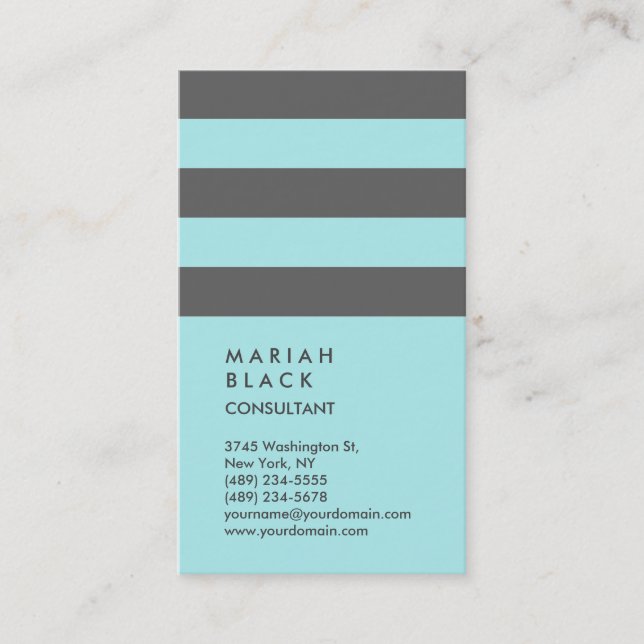 Vertical Grey Light Turquoise Blue Striped Trendy Business Card (Front)