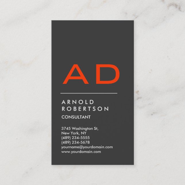 Vertical Grey Orange Trendy Monogram Business Card (Front)